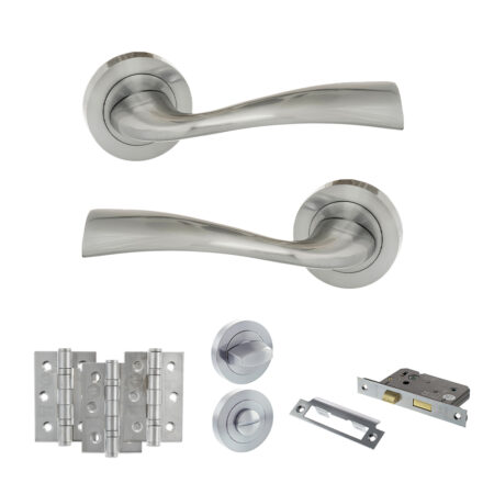 Eco Wave Door Handle Pack (Bathroom Set - 3" CE Bathroom Lock, 3" Fire Rated Hinges x3) - Polished Chrome