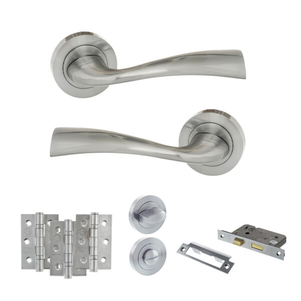 Eco Wave Door Handle Pack (Bathroom Set - 3" CE Bathroom Lock, 3" Fire Rated Hinges x3) - Polished Chrome