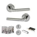 Eco Ocean Door Handle Pack (Bathroom Set - 2.5" CE Bathroom Lock, 4" Fire Rated Hinges x3) - Satin Chrome/Polished Chrome