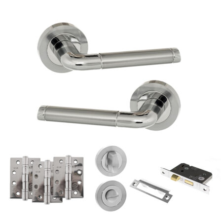 Eco Ocean Door Handle Pack (Bathroom Set - 2.5" CE Bathroom Lock, 4" Fire Rated Hinges x3) - Satin Chrome/Polished Chrome