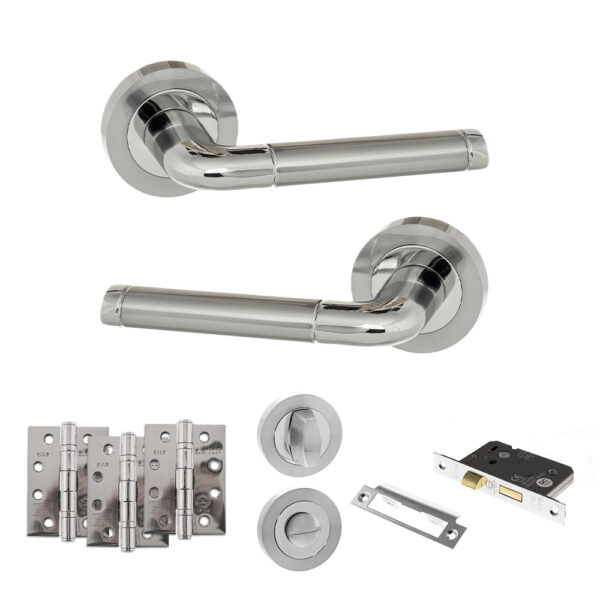 Eco Ocean Door Handle Pack (Bathroom Set - 2.5" CE Bathroom Lock, 4" Fire Rated Hinges x3) - Satin Chrome/Polished Chrome