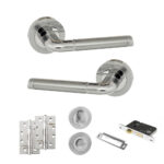 Eco Ocean Door Handle Pack (Bathroom Set - 2.5" CE Bathroom Lock, 4" Slim Knuckle Hinges x2) - Satin Chrome/Polished Chrome