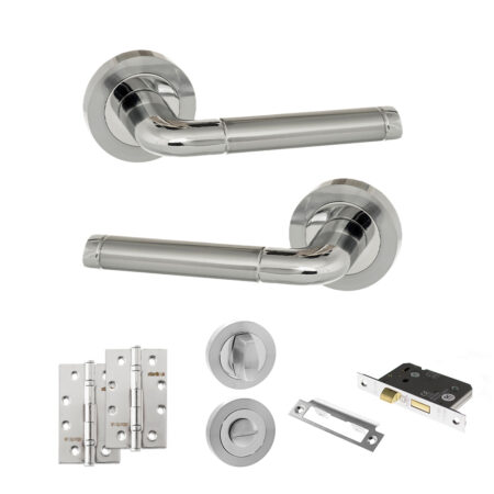 Eco Ocean Door Handle Pack (Bathroom Set - 2.5" CE Bathroom Lock, 4" Slim Knuckle Hinges x2) - Satin Chrome/Polished Chrome