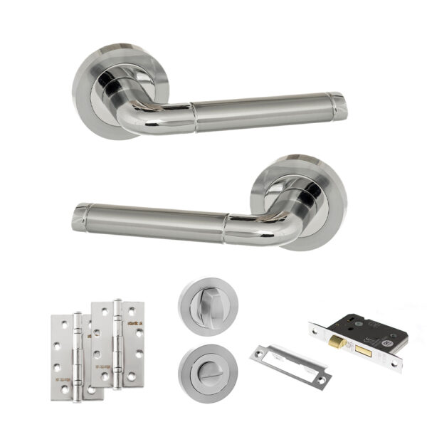 Eco Ocean Door Handle Pack (Bathroom Set - 3" CE Bathroom Lock, 4" Slim Knuckle Hinges x2) - Satin Chrome/Polished Chrome
