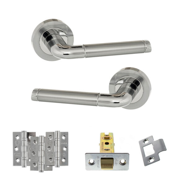 Eco Ocean Door Handle Pack (Latch Set - 2.5" CE Latch, 3" Fire Rated Hinges x3) - Satin Chrome/Polished Chrome