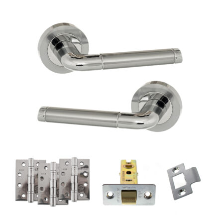 Eco Ocean Door Handle Pack (Latch Set - 2.5" CE Latch, 4" Fire Rated Hinges x3) - Satin Chrome/Polished Chrome