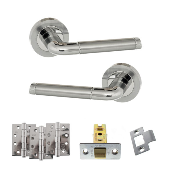 Eco Ocean Door Handle Pack (Latch Set - 3" CE Latch, 4" Fire Rated Hinges x3) - Satin Chrome/Polished Chrome