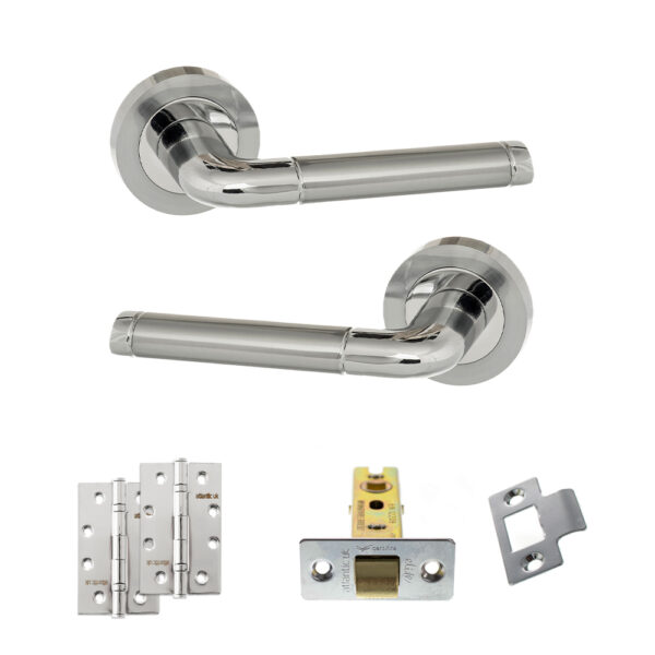 Eco Ocean Door Handle Pack (Latch Set - 2.5" CE Latch, 4" Slim Knuckle Hinges x2) - Satin Chrome/Polished Chrome