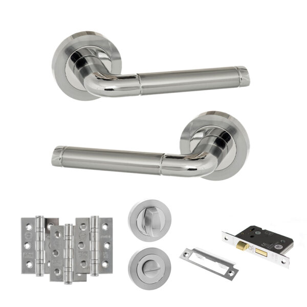 Eco Ocean Door Handle Pack (Bathroom Set - 2.5" CE Bathroom Lock, 3" Fire Rated Hinges x3) - Satin Chrome/Polished Chrome