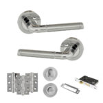 Eco Ocean Door Handle Pack (Bathroom Set - 3" CE Bathroom Lock, 3" Fire Rated Hinges x3) - Satin Chrome/Polished Chrome