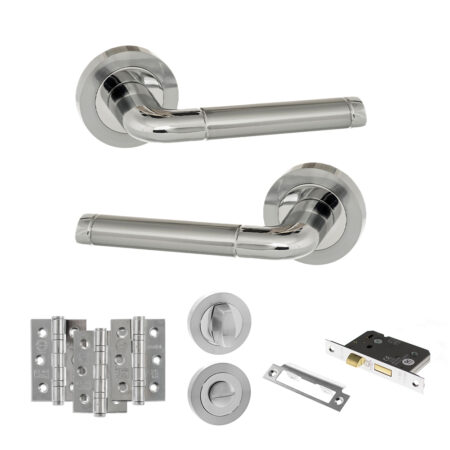 Eco Ocean Door Handle Pack (Bathroom Set - 3" CE Bathroom Lock, 3" Fire Rated Hinges x3) - Satin Chrome/Polished Chrome