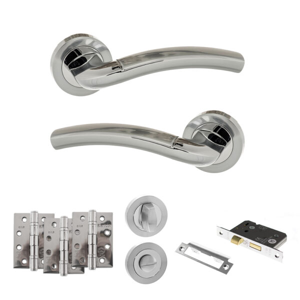 Eco Crest Door Handle Pack (Bathroom Set - 3" CE Bathroom Lock, 4" Fire Rated Hinges x3) - Satin Chrome/Polished Chrome