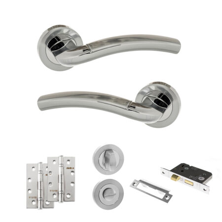 Eco Crest Door Handle Pack (Bathroom Set - 2.5" CE Bathroom Lock, 4" Slim Knuckle Hinges x2) - Satin Chrome/Polished Chrome