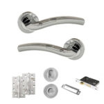 Eco Crest Door Handle Pack (Bathroom Set - 3" CE Bathroom Lock, 4" Slim Knuckle Hinges x2) - Satin Chrome/Polished Chrome