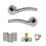 Eco Crest Door Handle Pack (Latch Set - 2.5" CE Latch, 3" Fire Rated Hinges x3) - Satin Chrome/Polished Chrome