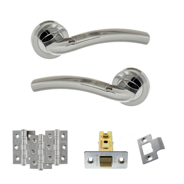 Eco Crest Door Handle Pack (Latch Set - 2.5" CE Latch, 3" Fire Rated Hinges x3) - Satin Chrome/Polished Chrome