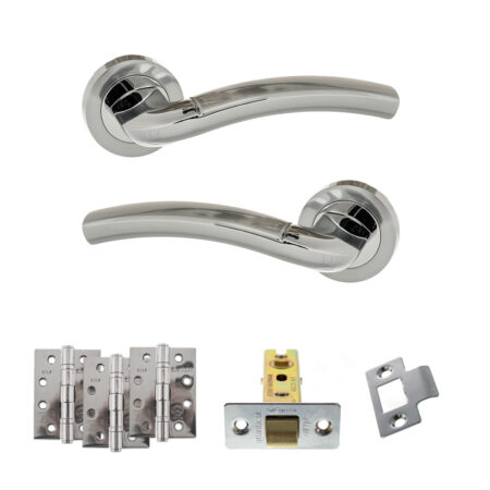 Eco Crest Door Handle Pack (Latch Set - 2.5" CE Latch, 4" Fire Rated Hinges x3) - Satin Chrome/Polished Chrome