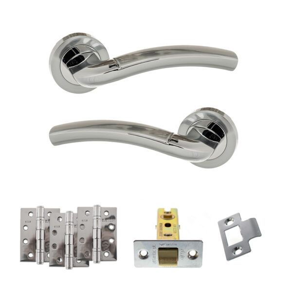 Eco Crest Door Handle Pack (Latch Set - 2.5" CE Latch, 4" Fire Rated Hinges x3) - Satin Chrome/Polished Chrome