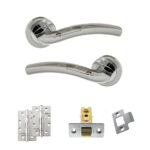 Eco Crest Door Handle Pack (Latch Set - 3" CE Latch, 4" Slim Knuckle Hinges x2) - Satin Chrome/Polished Chrome