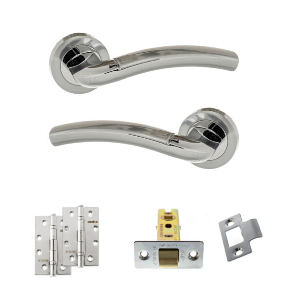 Eco Crest Door Handle Pack (Latch Set - 3" CE Latch, 4" Slim Knuckle Hinges x2) - Satin Chrome/Polished Chrome