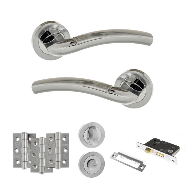 Eco Crest Door Handle Pack (Bathroom Set - 3" CE Bathroom Lock, 3" Fire Rated Hinges x3) - Satin Chrome/Polished Chrome