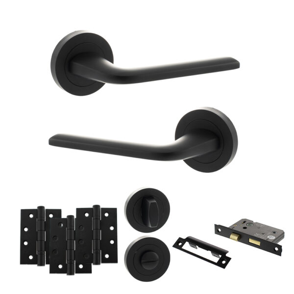 Eco Surf Door Handle Pack (Bathroom Set - 2.5" CE Bathroom Lock, 4" Fire Rated Hinges x3) - Matt Black