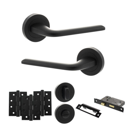Eco Surf Door Handle Pack (Bathroom Set - 3" CE Bathroom Lock, 4" Fire Rated Hinges x3) - Matt Black