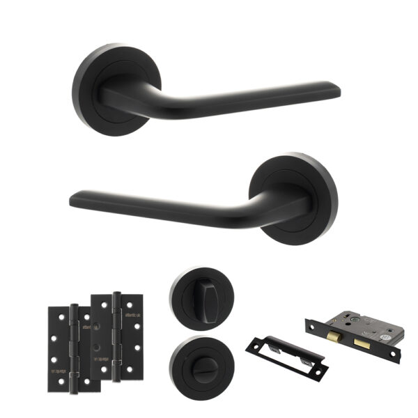 Eco Surf Door Handle Pack (Bathroom Set - 2.5" CE Bathroom Lock, 4" Slim Knuckle Hinges x2) - Matt Black