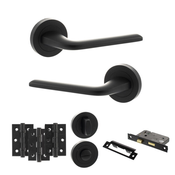 Eco Surf Door Handle Pack (Bathroom Set - 2.5" CE Bathroom Lock, 3" Fire Rated Hinges x3) - Matt Black