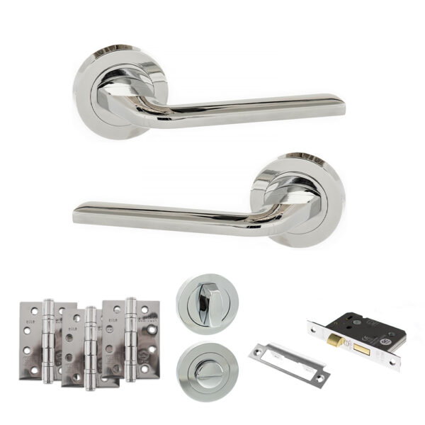 Eco Surf Door Handle Pack (Bathroom Set - 3" CE Bathroom Lock, 4" Fire Rated Hinges x3) - Polished Chrome