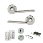 Eco Surf Door Handle Pack (Bathroom Set - 3" CE Bathroom Lock, 4" Slim Knuckle Hinges x2) - Polished Chrome