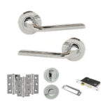 Eco Surf Door Handle Pack (Bathroom Set - 2.5" CE Bathroom Lock, 3" Fire Rated Hinges x3) - Polished Chrome