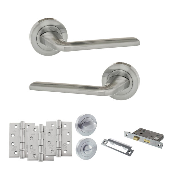 Eco Surf Door Handle Pack (Bathroom Set - 2.5" CE Bathroom Lock, 4" Fire Rated Hinges x3) - Satin Chrome