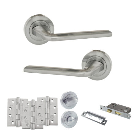 Eco Surf Door Handle Pack (Bathroom Set - 3" CE Bathroom Lock, 4" Fire Rated Hinges x3) - Satin Chrome