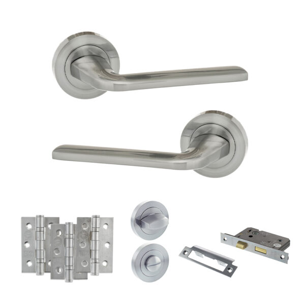 Eco Surf Door Handle Pack (Bathroom Set - 2.5" CE Bathroom Lock, 3" Fire Rated Hinges x3) - Satin Chrome
