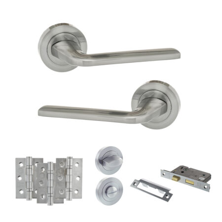 Eco Surf Door Handle Pack (Bathroom Set - 3" CE Bathroom Lock, 3" Fire Rated Hinges x3) - Satin Chrome