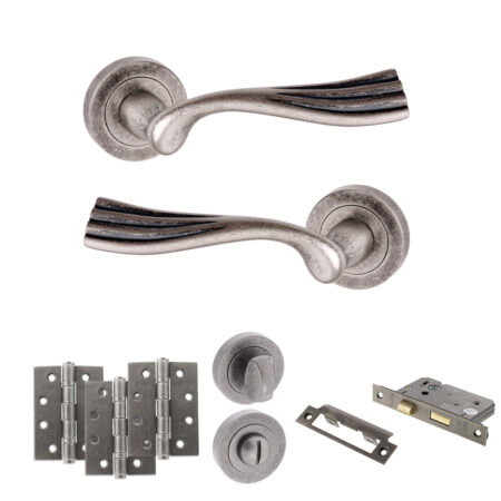 Old English Richmond Door Handle Pack (Bathroom Set - 3" CE Bathroom Lock, 4" Fire Rated Hinges x3) - Distressed Silver