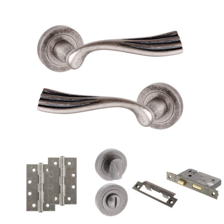Old English Richmond Door Handle Pack (Bathroom Set - 2.5" CE Bathroom Lock, 4" Slim Knuckle Hinges x2) - Distressed Silver