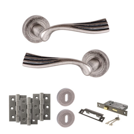 Old English Richmond Door Handle Pack (3 Lever Lock Set - 2.5" CE Sashlock, 3" Fire Rated Hinges x3) - Distressed Silver