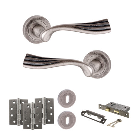 Old English Richmond Door Handle Pack (3 Lever Lock Set - 2.5" CE Sashlock, 4" Fire Rated Hinges x3) - Distressed Silver