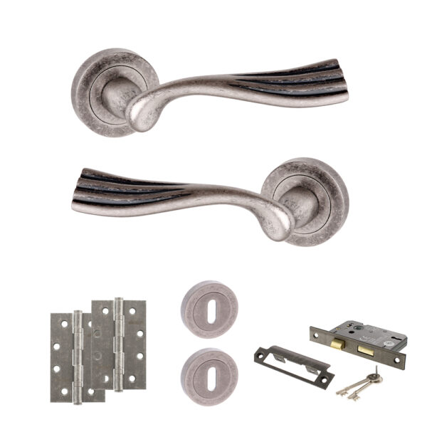 Old English Richmond Door Handle Pack (3 Lever Lock Set - 2.5" CE Sashlock, 4" Slim Knuckle Hinges x2) - Distressed Silver