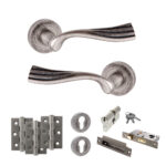 Old English Richmond Door Handle Pack (Euro Lock Set - 2.5" CE Sashlock, 3" Fire Rated Hinges x3) - Distressed Silver
