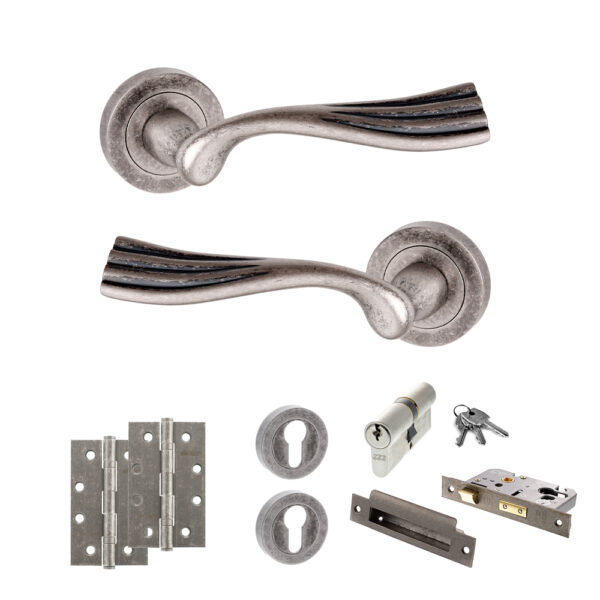 Old English Richmond Door Handle Pack (Euro Lock Set - 2.5" CE Sashlock, 4" Slim Knuckle Hinges x2) - Distressed Silver