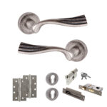 Old English Richmond Door Handle Pack (Euro Lock Set - 3" CE Sashlock, 4" Slim Knuckle Hinges x2) - Distressed Silver