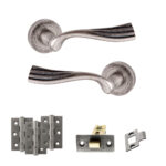 Old English Richmond Door Handle Pack (Latch Set - 3" CE Latch, 3" Fire Rated Hinges x3) - Distressed Silver