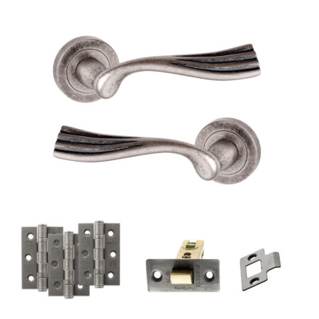 Old English Richmond Door Handle Pack (Latch Set - 3" CE Latch, 3" Fire Rated Hinges x3) - Distressed Silver