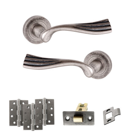 Old English Richmond Door Handle Pack (Latch Set - 3" CE Latch, 4" Fire Rated Hinges x3) - Distressed Silver