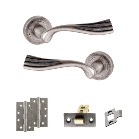 Old English Richmond Door Handle Pack (Latch Set - 3" CE Latch, 4" Slim Knuckle Hinges x2) - Distressed Silver