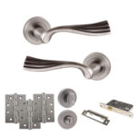 Old English Richmond Door Handle Pack (Bathroom Set - 3" CE Bathroom Lock, 4" Fire Rated Hinges x3) - Matt Gun Metal