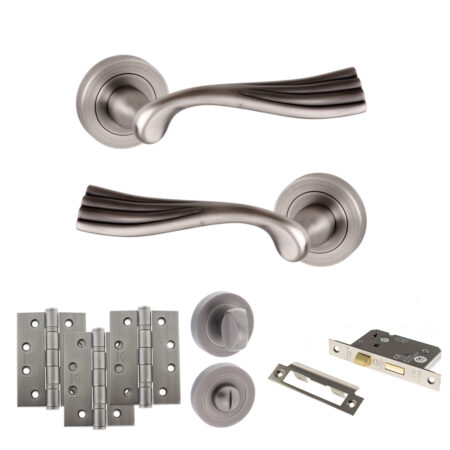 Old English Richmond Door Handle Pack (Bathroom Set - 3" CE Bathroom Lock, 4" Fire Rated Hinges x3) - Matt Gun Metal